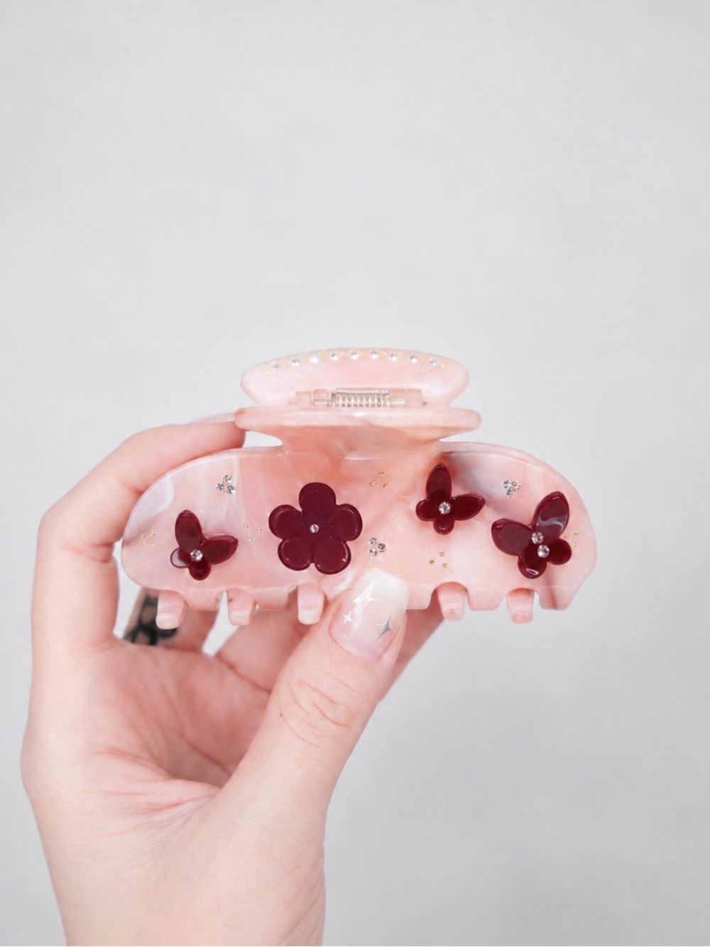 Kawaii Burgundy Marble Flower Rhinestone Acrylic Clip Hair Claw